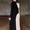 2024 Autumn/Winter Women's European Retro Color Block Slimming Long Sleeve Evening Dress