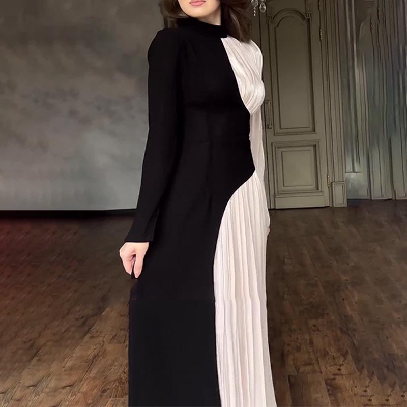 2024 Autumn/Winter Women's European Retro Color Block Slimming Long Sleeve Evening Dress