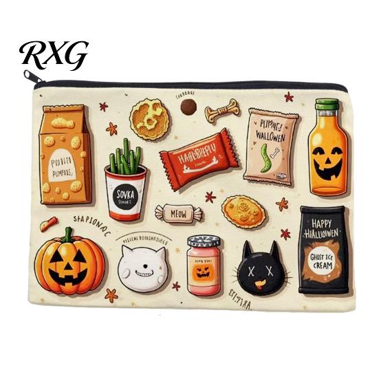 Cartoon Brush Holder Halloween Theme Cosmetic Bag, Durable Canvas Zipper Makeup Pouch, Digital Print Pouch Portable Storage for Stationery And