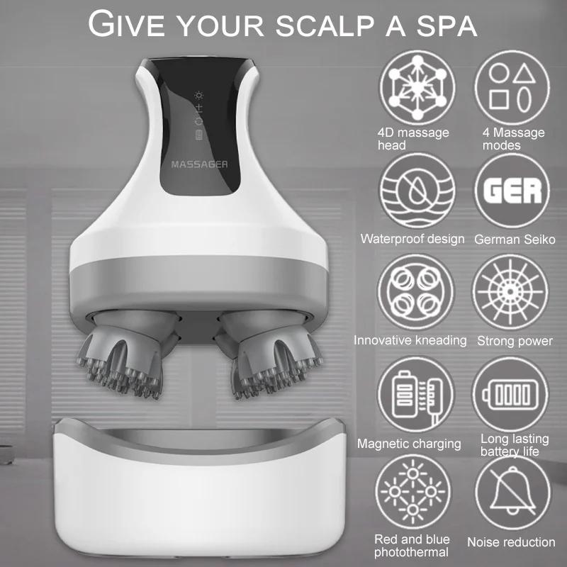 Elektryczny Masażer do Głowy na Podczerwień z 4 Głowicami Masującymi Ugniatającymi Masażer Głębokich Tkanek na Porost Włosów Relaks i Kot Zwierzę