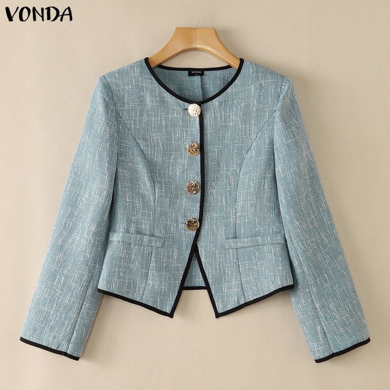 VONDA Women Elegant Long Sleeve O Neck Contrast Trim Peplum Blazer Cardigan