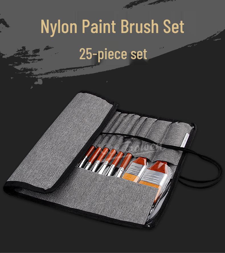 25-Piece Watercolor Oil Painting Brush Set with Wooden Handles and Canvas Bag
