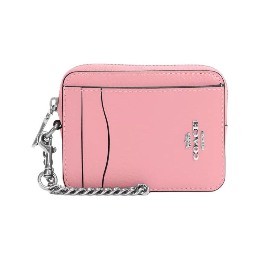 

Coach Card Case Zip 11 Gold Logo Solid Exquisite Pebble Grain Leather Women Card Case Silver Pink 6303-SVVDT Basic Set (Bag+Dust Bag)