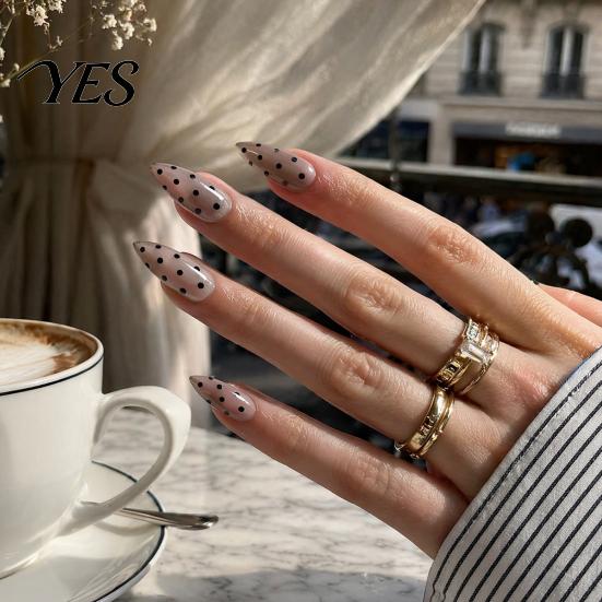 Black Dot Fake Nails 24Pcs Polka Dots Press on Nails, Long Almond Stick-on On Glossy Full Cover Glue False for Women Girls Comfortable