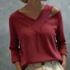 Women T-shirt V-Neck Off Shoulder Long Sleeve Pullover Tops Pure Color Loose Fit Summer Casual Shirt Daily
