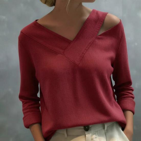 Women T-shirt V-Neck Off Shoulder Long Sleeve Pullover Tops Pure Color Loose Fit Summer Casual Shirt Daily