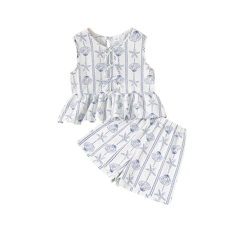 2026 Spring/Summer Ocean Style Girls' Set: Starfish Print Sleeveless Top & Shorts
