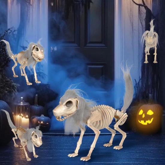 Halloween Skeleton Dog Decoration Posable Standing Dog Skeleton with Movable Joints Plastic Full Body Dog Bone with Mane