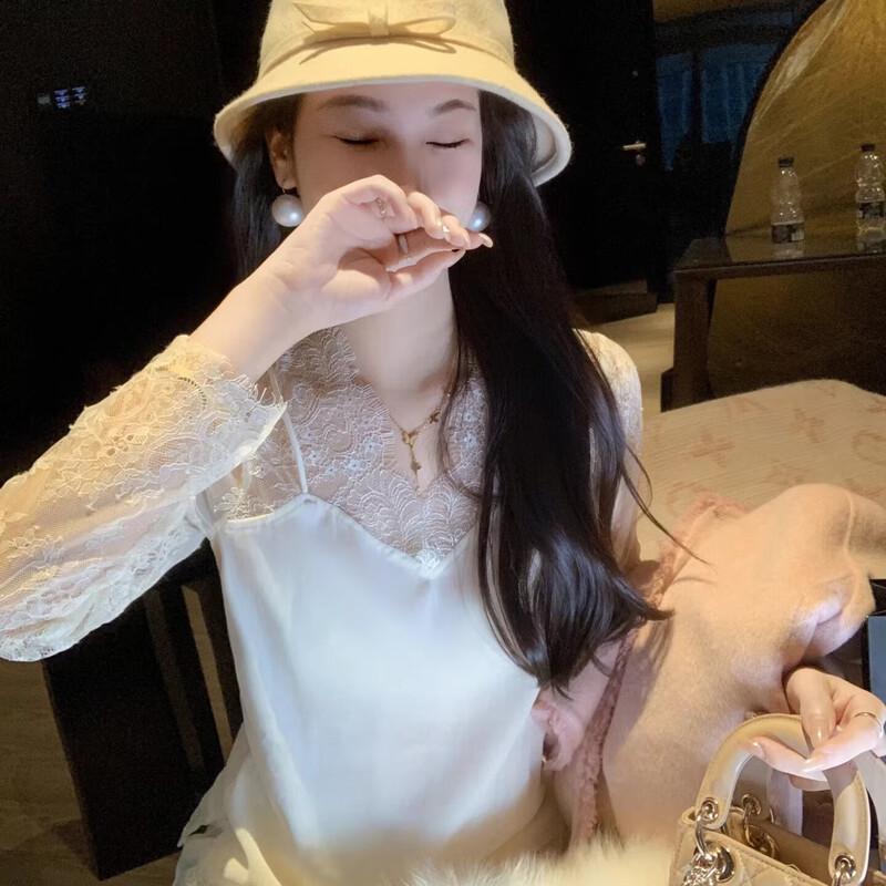 Women s Elegant Velvet V-Neck Faux Two-Piece Lace Top S