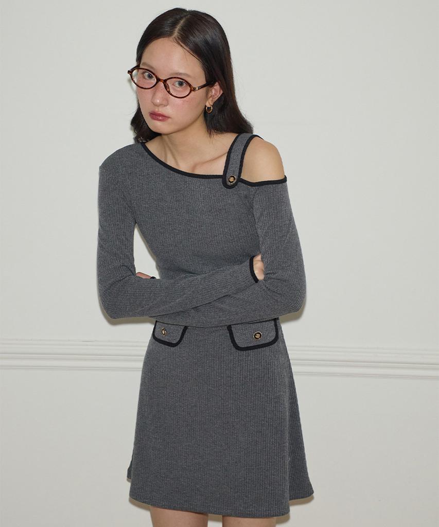 Salon De Yon One Shoulder Long Sleeve Mini Dress_ Charcoal