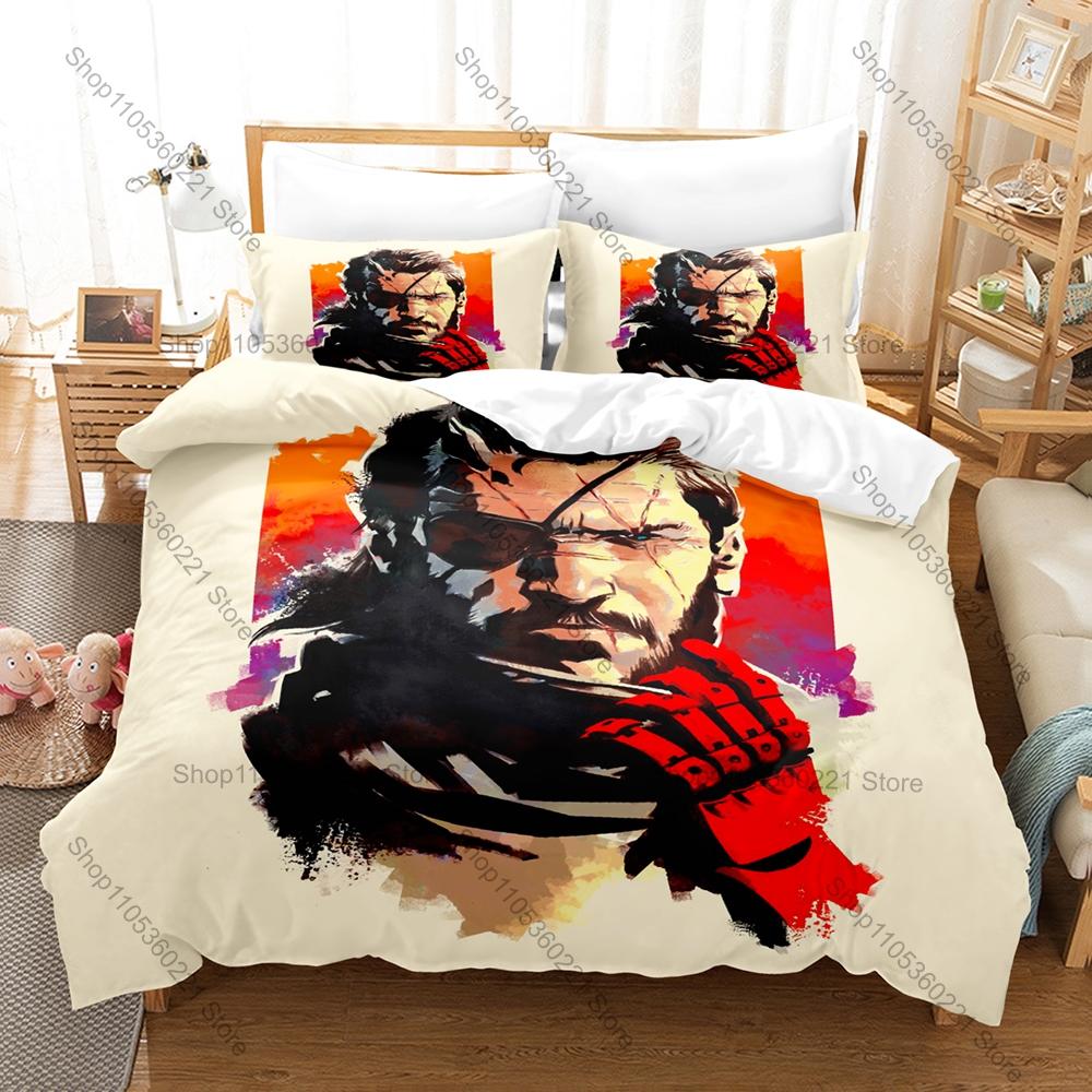 Cool Metal Gear Solid Solid Snake Duvet Cover + 2 Pillowcases Camo Solid Snake Tactical Graphic 3Pcs Zipper Quilt Cover Retro St
