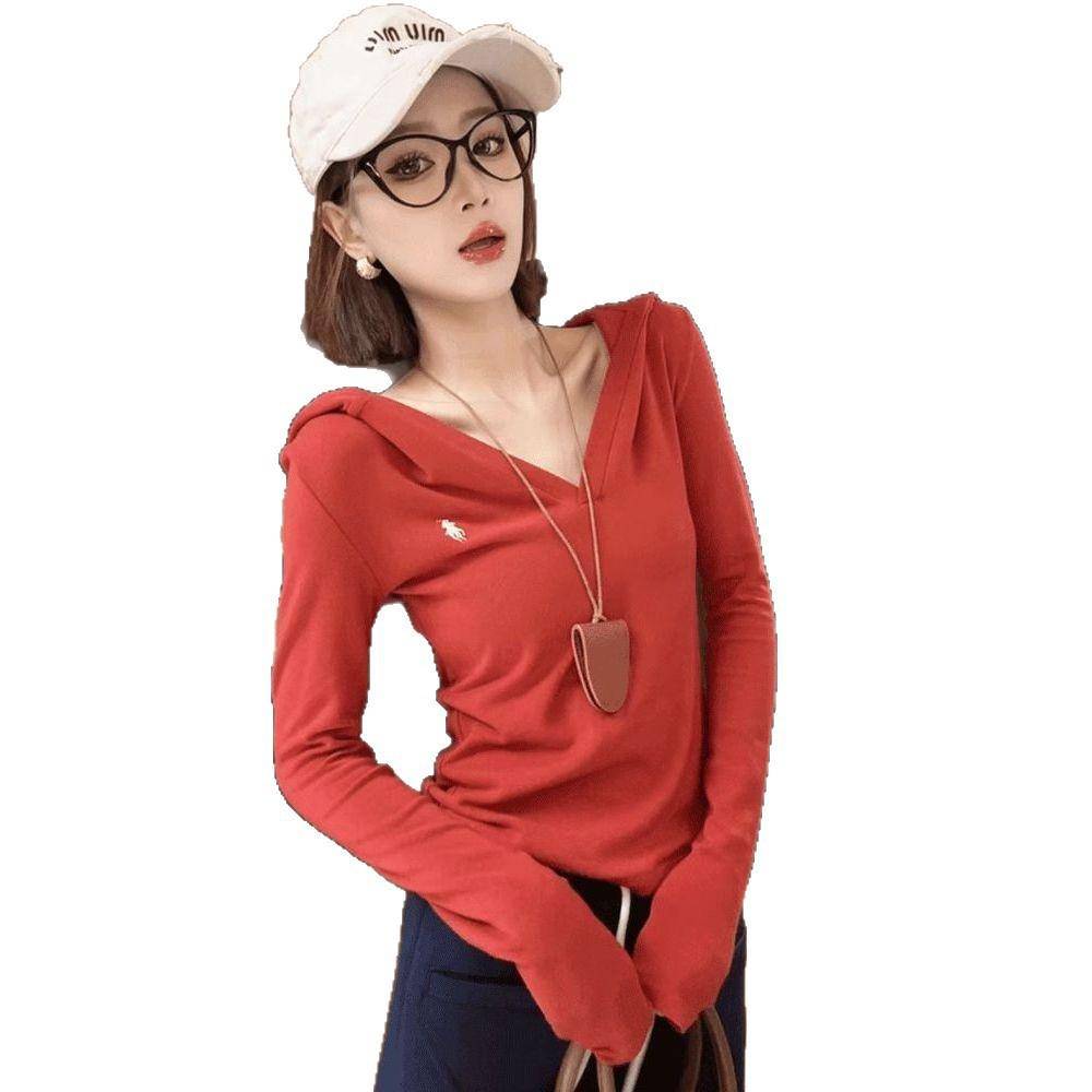 Plus Size Women's V-neck Hooded Long-Sleeve Slimming T-shirt - Autumn 2025 Trendy Top