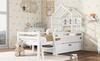 House Bed Children's Bed with Ladder and Drawers, incl. Slatted Frame, Solid Wood Loft Bed with Fall Protection 90x200cm White (without Mattress)