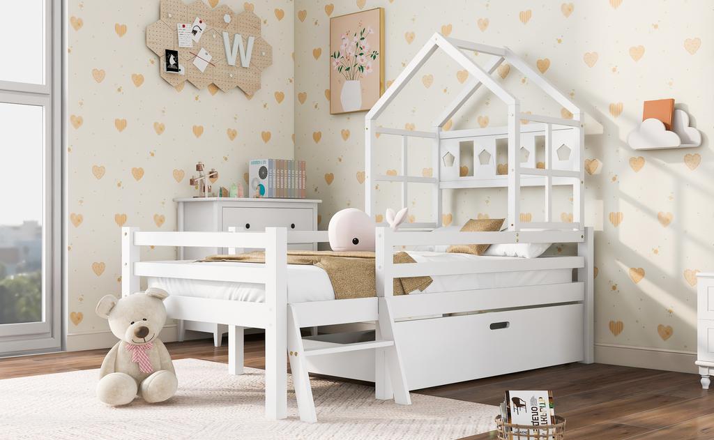 House Bed Children's Bed with Ladder and Drawers, incl. Slatted Frame, Solid Wood Loft Bed with Fall Protection 90x200cm White (without Mattress)