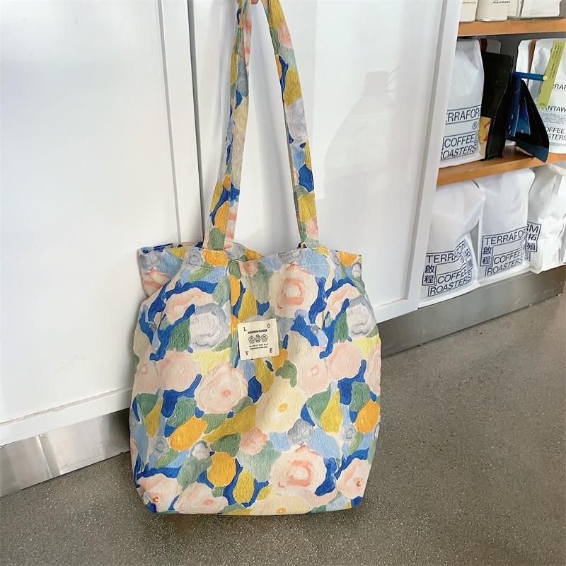 New tote bag large capacity foreign style floral canvas shoulder bag portable girl student shopping bag