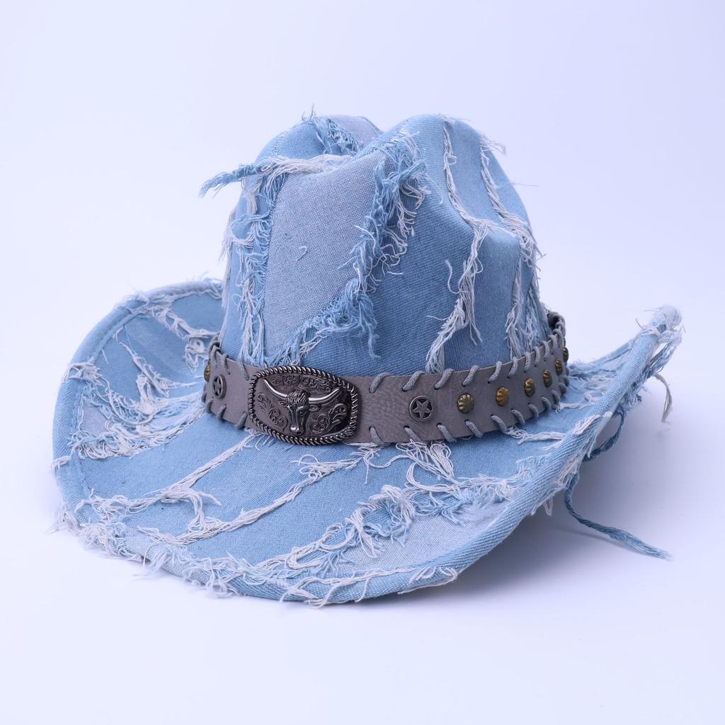 Cappello western cowboy blu con bordo grezzo retrò, cappello stile retrò testa di toro, bordo arricciato, cappello jazz da esterno