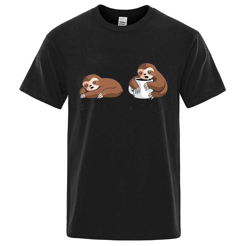Cute Lazy Sloth Coffee Cartoons Printed T Shirt for Men Women Cotton Top Tee Shirts Casual Short Sleeve T-shirts Funny 80381