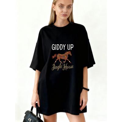 Black Oversized T-Shirt With Giddy Up Jingle Horse Print For Casual Wear And Holiday Season