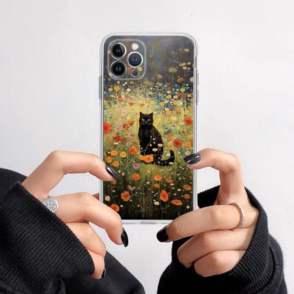 Cartoon Animal Black Cat Oil Painting Phone Case for iPhone 16 15 8 7 6 6S Plus X SE XR XS 14 11 12 13 Mini Pro Max Mobile Case