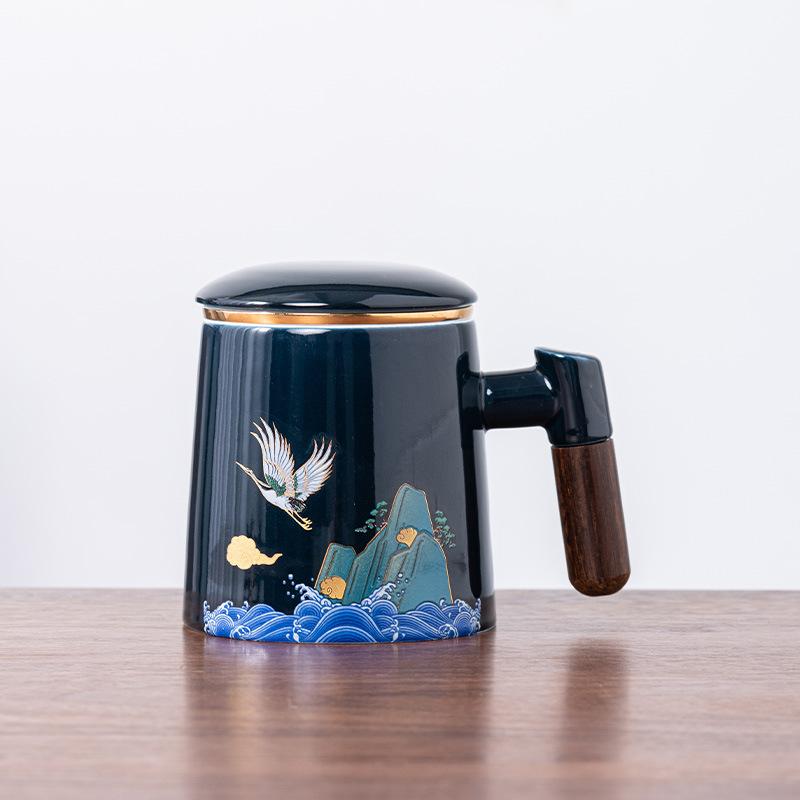 Ceramic tea cup with lid tea separation cup filter water cup creative wooden handle cup office cup gift cup Guochao