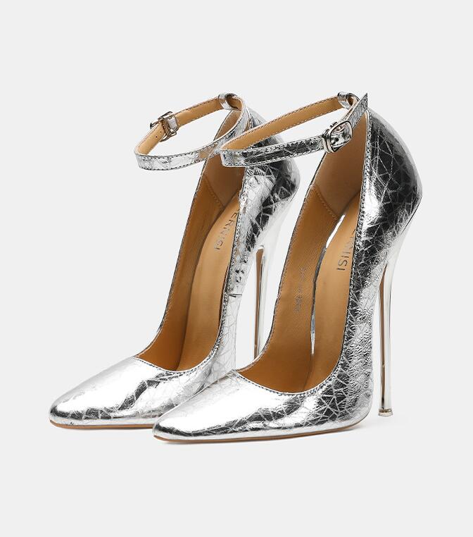 

16см Новые Экстремально Высокие Каблуки Натуральная Кожа Шпильки Шик Фетиш Сексуальный Ремешок на Щиколотке Овчина Лодочки SM Подиум Унисекс Обувь 46 серебряный