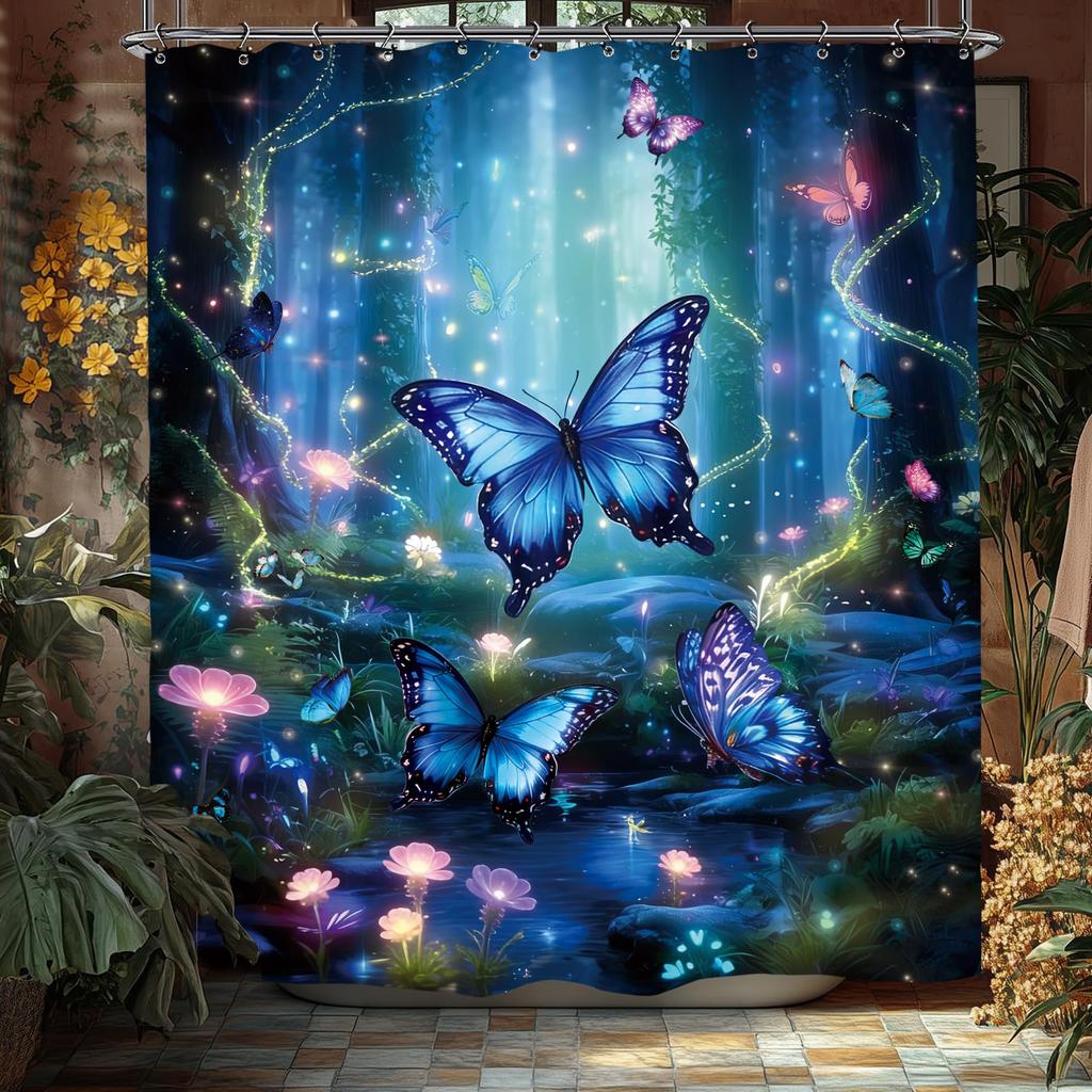 Vintage Dark Green Forest Bathroom Shower Curtain Night Moon Landscape Nature Mystical Midnight Polyester Fabric 12 Plastic