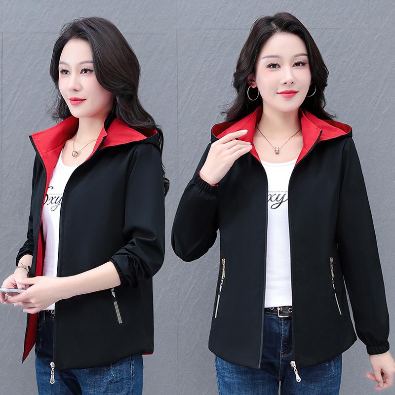 Reversible Hooded Jacket for Women: Spring/Autumn Slimming Cardigan with Detachable Hood, Flaw-Covering Design for Middle-Aged Mothers.