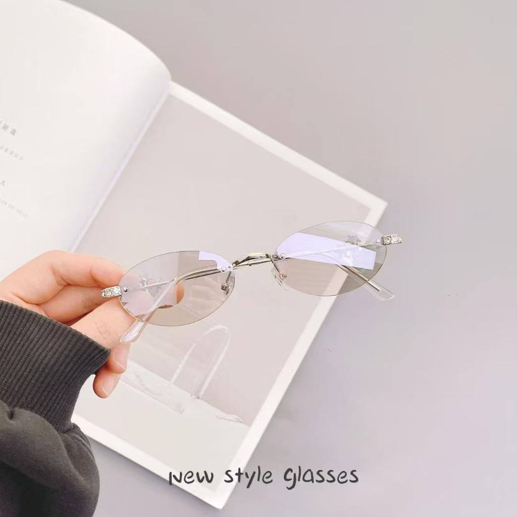 Korean Fashion Women'S Sunglasses Oval Shape Rimless Anti-Glare Sun Glasses Women Rhinestone Decoration Female Sunglass