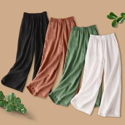 1PC Elastic Waist Straight Tube Pants Cotton Linen Wide Leg Pants Trousers Pants Women Loose Soft
