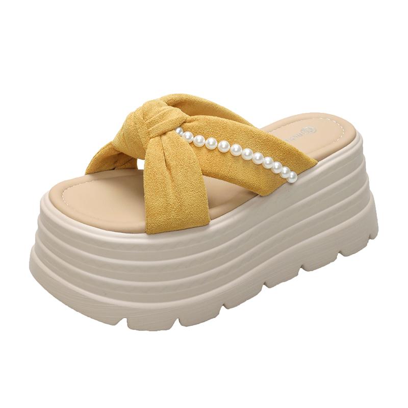Fashion 8CM Heels Chunky Slippers For Women Open Toe High Platform Leather Sandals Woman New Summer Thick Bottom Beach Bling Flip Flops