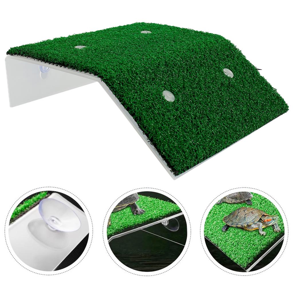 Turtle Ramp Simulation Turf Turtle Basking Platform with Suction Cup Turtle Resting Terrace Aquarium Accessories Habitat Decor