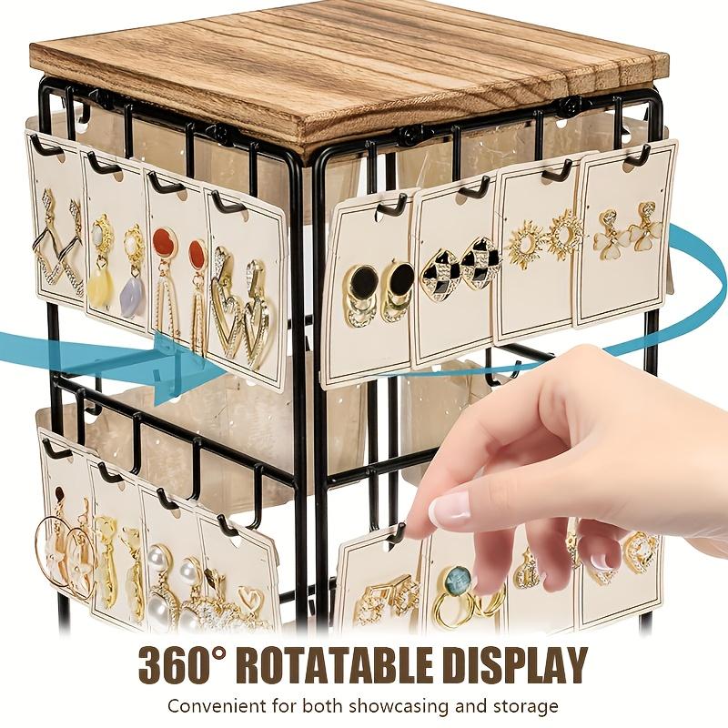 360° Rotating Wooden Jewelry Display Rack - Earring Stud Ring Organizer Tower with Hooks