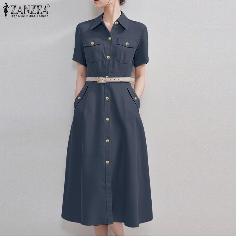 ZANZEA Women Casual Turn Down Collar Loose Short Sleeve Shirt Dress