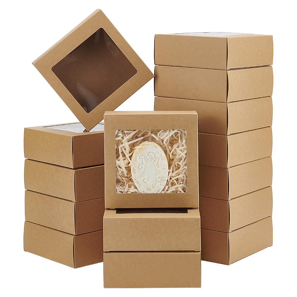 50Pcs Square Foldable Creative Cardboard Box Gift Box with Window Tan 14x14x5cm