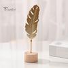 Decorative Art for Living Room Table Metal Leaf Ornaments, Gold Palm Leaf, Ginkgo Feather Statue with Wood Centerpiece Base, Modern Desktop Sculpture