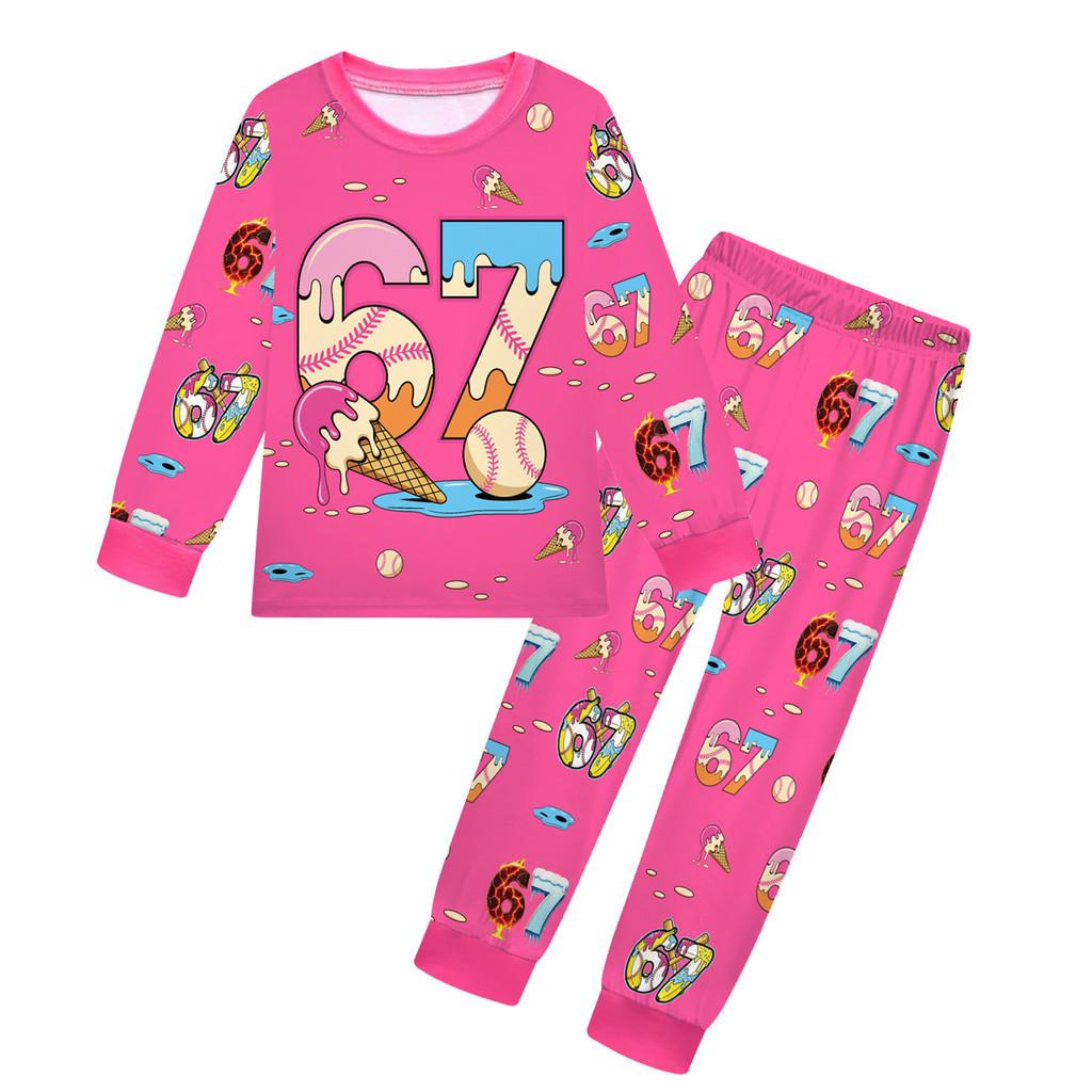 19702 Kinder Jungen Mädchen Steal a Brainrot 67 Six Seven Druck Langarm T-Shirt Hose Pyjama Nachtwäsche Sets