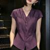 Women V Neck Short Sleeve Solid Slim Fit Casual Commute Button Down Shirt Blouse
