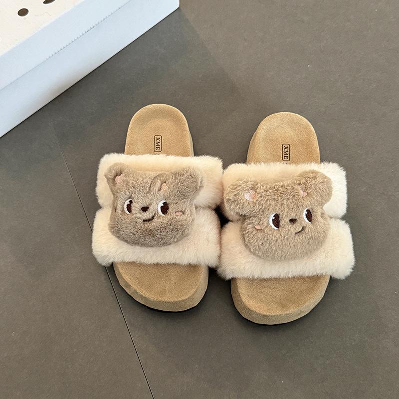 Warm plush versatile girls fluffy shoes autumn and winter fashionable retro comfortable non-slip cartoon cute one-word slippers
