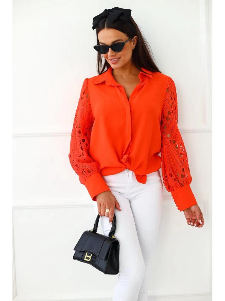 2024 Damen Spitzen-Patchwork Locker geschnittene Lochmusterbluse