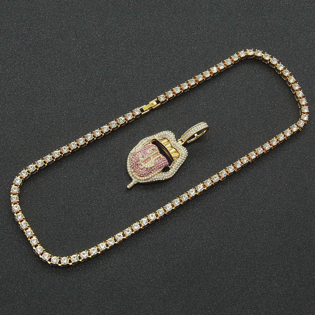 Full Diamond Three-dimensional Dollar Tongue Cuban Chain, Hip-hop Rap Pendant, Eu and American Hipster Decoration Exaggerated Cuban Chain Necklace