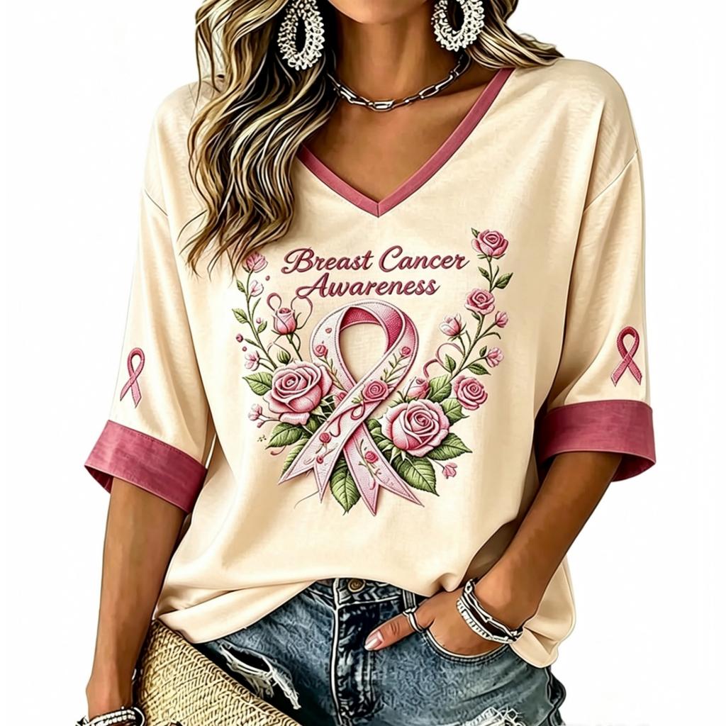Women's V-neck anti-breast-cancer printed summer lightweight top