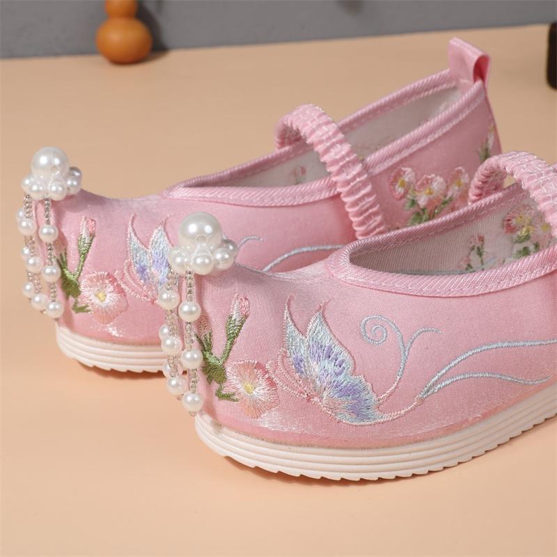 Girls' Pearl Butterfly Bottoming Embroidered Sandals Student Chinese Style Hanfu Costume Performance Cloth Shoes