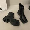 Small Martin Boots Women's British Style Heightening Cigarette Boots Thick Sole Square Head Thick Heel Chelsea Versatile Black