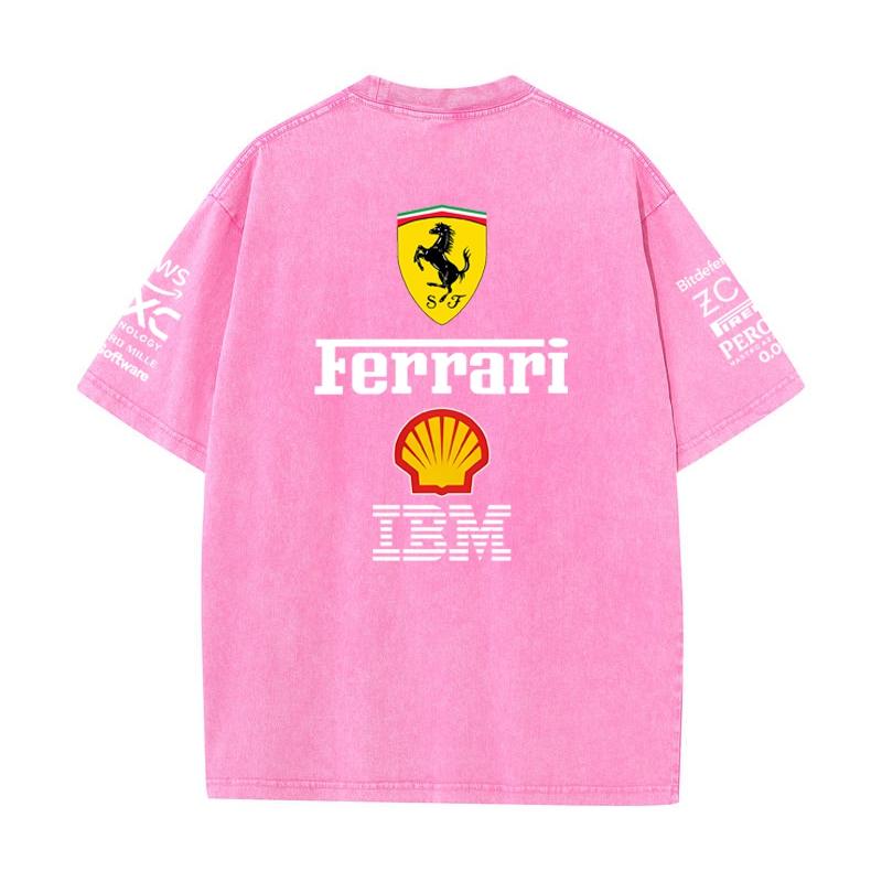 Vintage Washed Black Ferrari F1 Racing T Shirt Oversized Short Sleeve Tee Retro Motorsport Sponsor Logo Print Casual Streetwear Loose Top