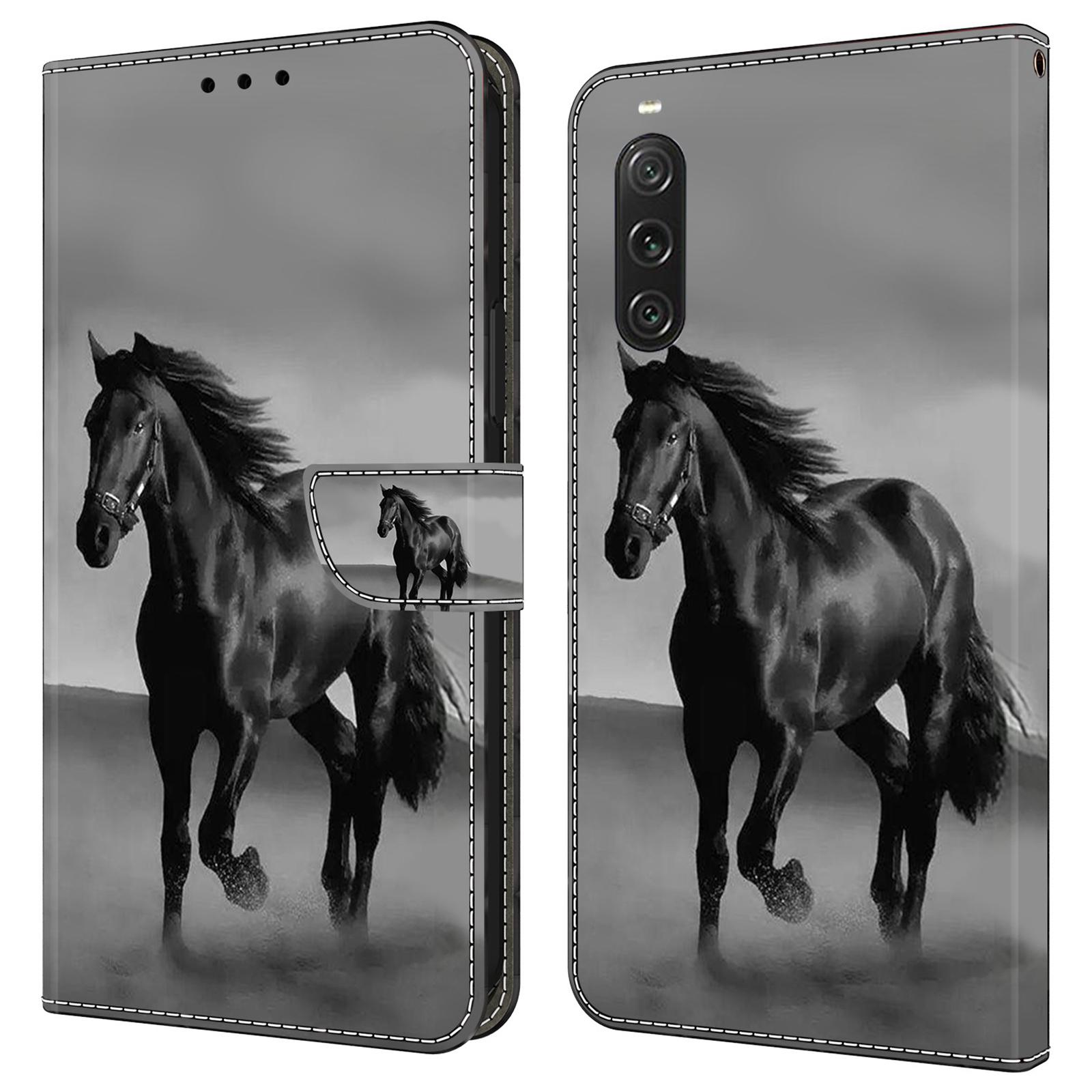 

For Sony Xperia 10 V Protective Case 3D Pattern Printing Leather Wallet Phone Cover Black Horse