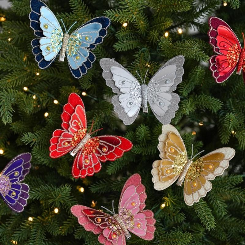 Pack Of 3 Double Layer Butterfly Christmas Tree Clip Accessory Elegant Fabric Ornament For Holiday Decorations