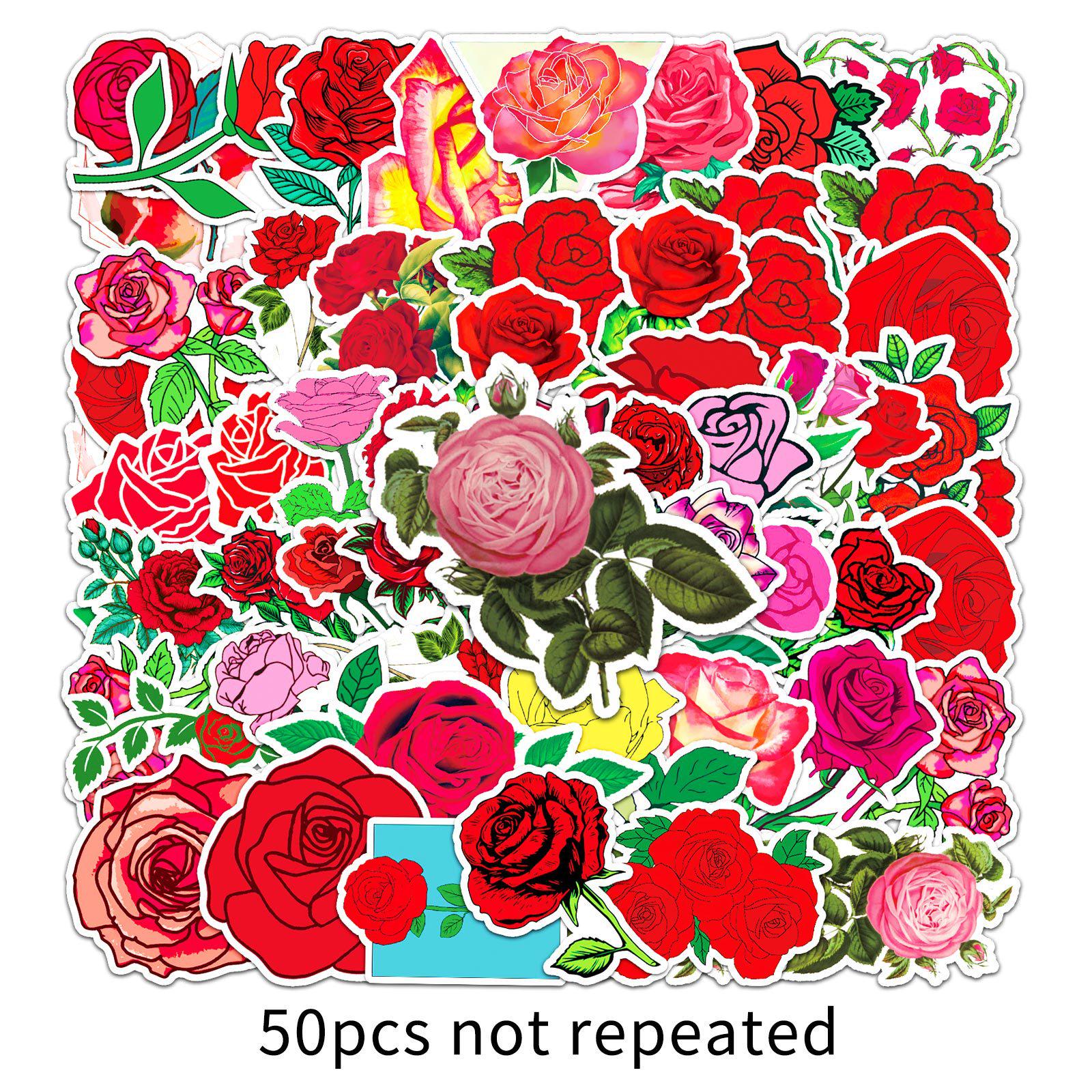 50pcs Romantic Rose Stickers: Floral Cartoon DIY Art for Milk Tea Cups & Journals