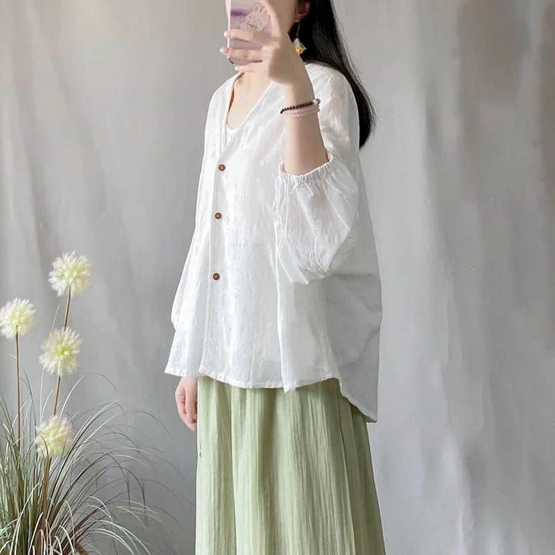 Cotton Linen Shirts for Women Vintage Solid Long Sleeved Loose Casual Korean Style Single Breasted One Piece Blouse Women