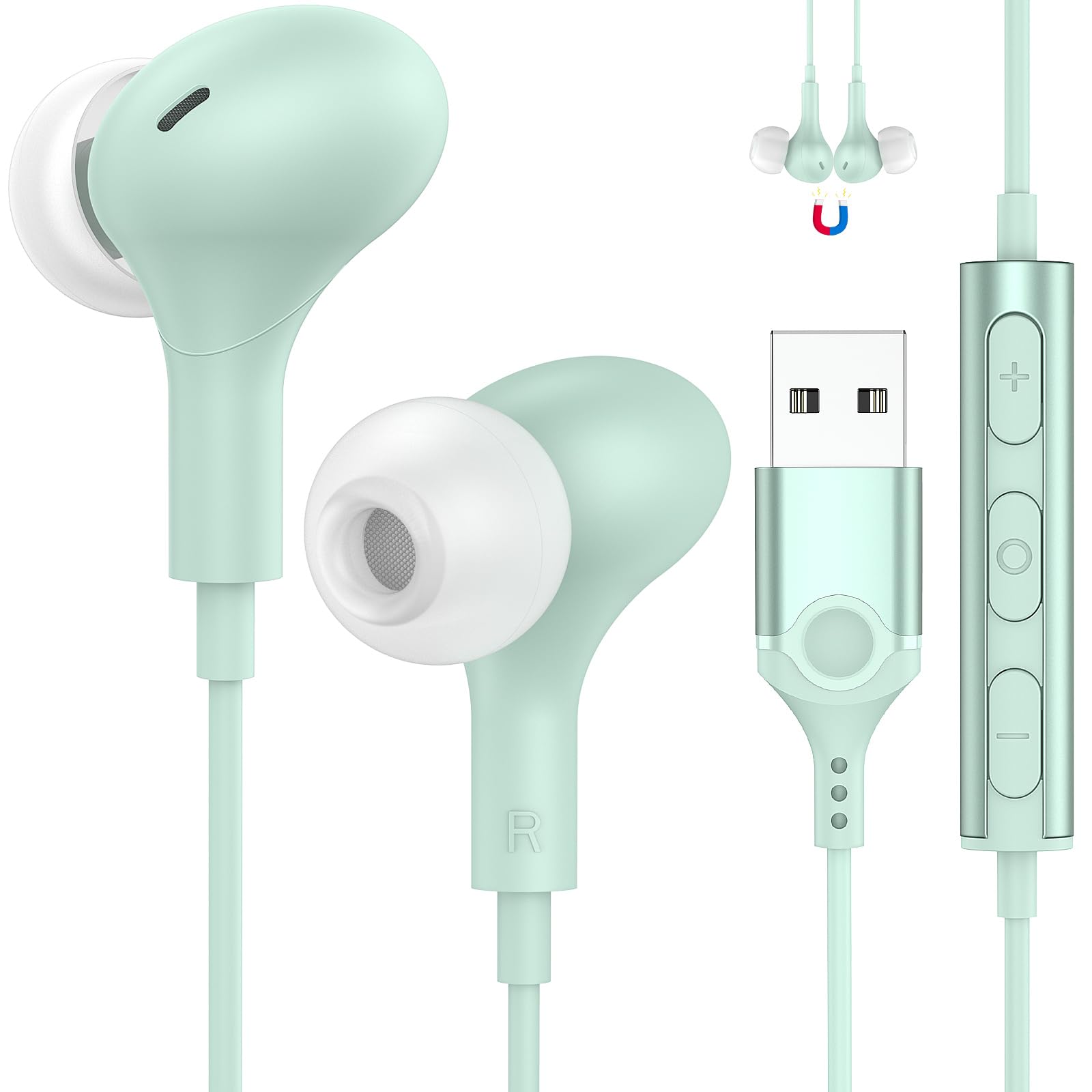 

USB Earphones with Wired Earphones for PC USB Catalytic Length Magnetic Call Heavy For terminals on For Online Bed Volume HIFI Sound Hurt Your Storage зелений