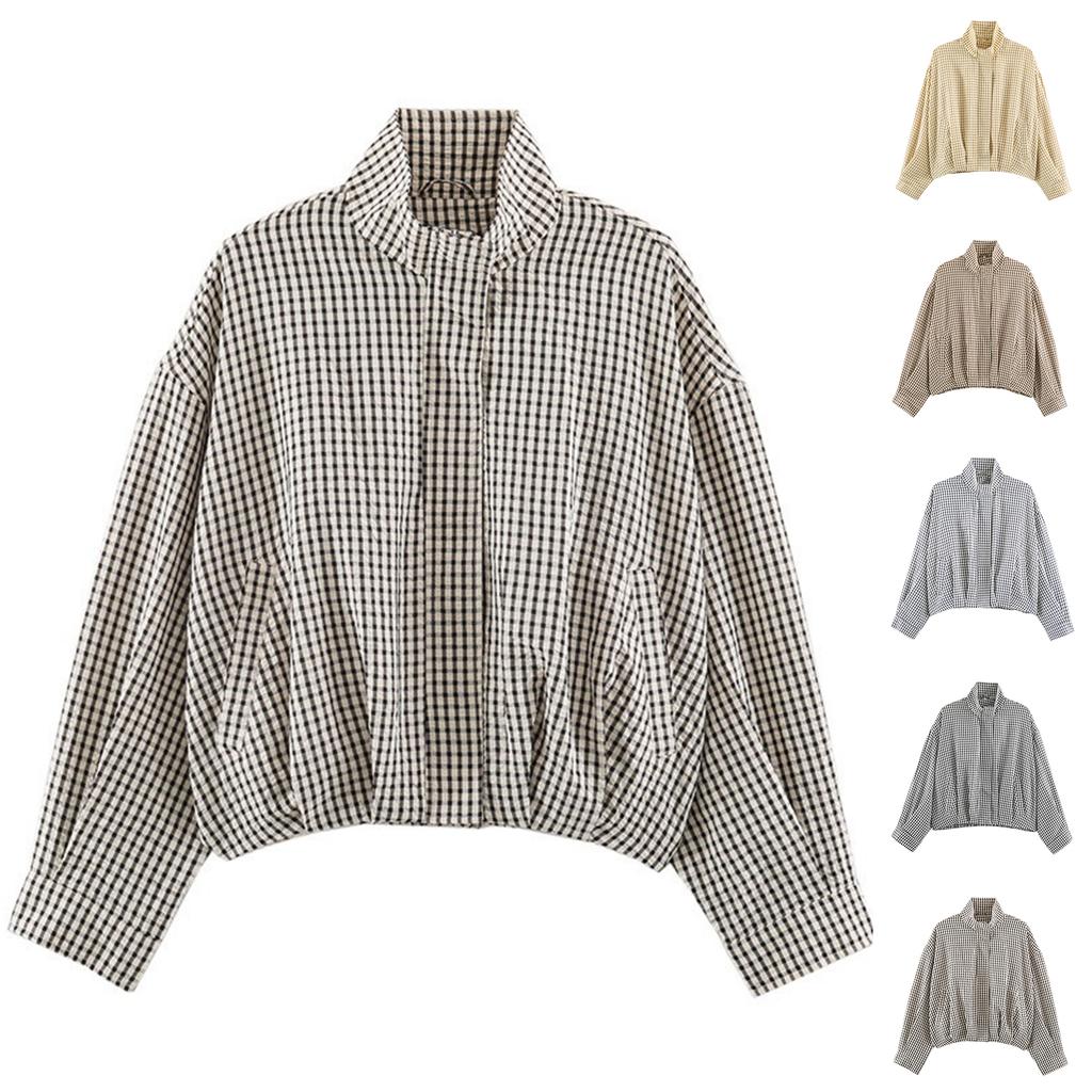 Women's Plaid Shirt Jacket with Long Sleeves and Adjustable Tie Collar for Casual Wear
